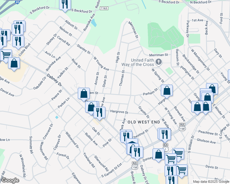 map of restaurants, bars, coffee shops, grocery stores, and more near 1218 Parham Street in Henderson