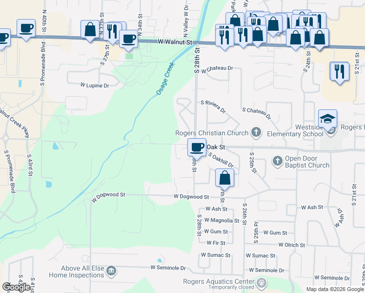 map of restaurants, bars, coffee shops, grocery stores, and more near 912 West Dixson Street in Rogers