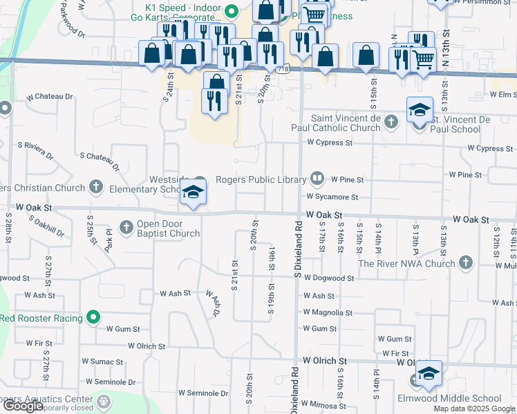 map of restaurants, bars, coffee shops, grocery stores, and more near 828 South 20th Street in Rogers