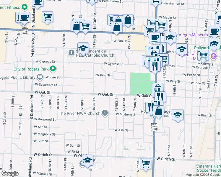 map of restaurants, bars, coffee shops, grocery stores, and more near 1114 West Little John Street in Rogers
