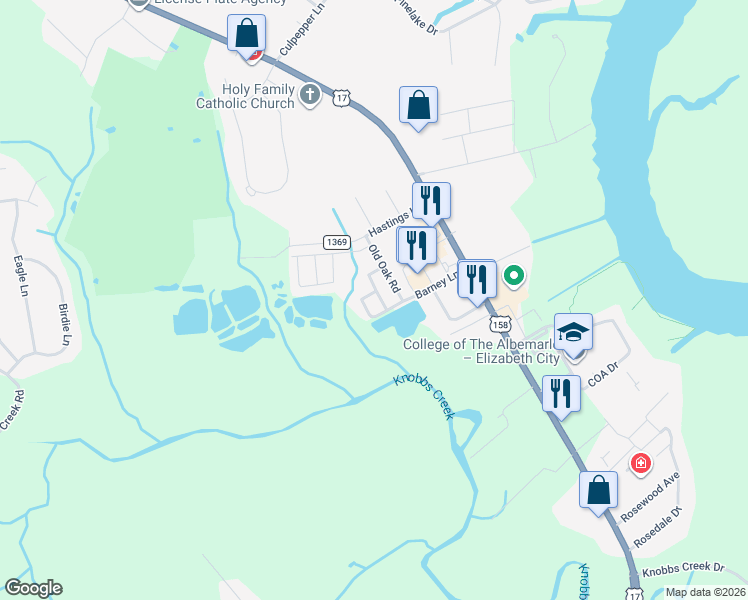 map of restaurants, bars, coffee shops, grocery stores, and more near 203 Oakwood Lane in Elizabeth City