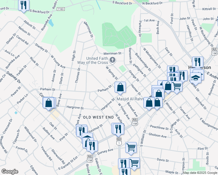 map of restaurants, bars, coffee shops, grocery stores, and more near 741 Parham Street in Henderson