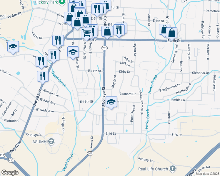 map of restaurants, bars, coffee shops, grocery stores, and more near 1203 South College Street in Mountain Home