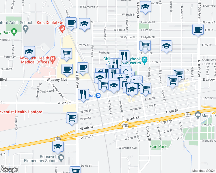map of restaurants, bars, coffee shops, grocery stores, and more near 380 West 8th Street in Hanford