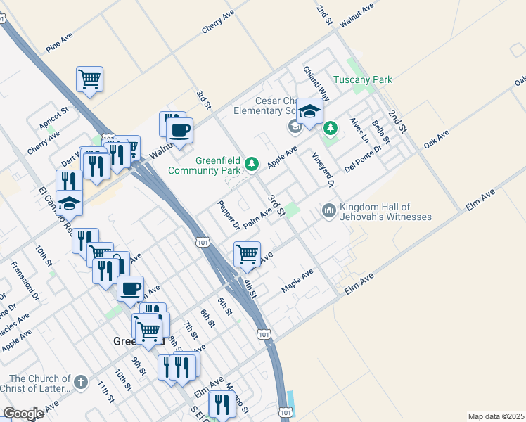 map of restaurants, bars, coffee shops, grocery stores, and more near 307 Las Manzanitas Drive in Greenfield
