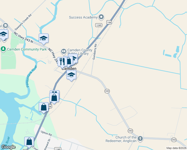 map of restaurants, bars, coffee shops, grocery stores, and more near 127-141 Highway 343 in Camden