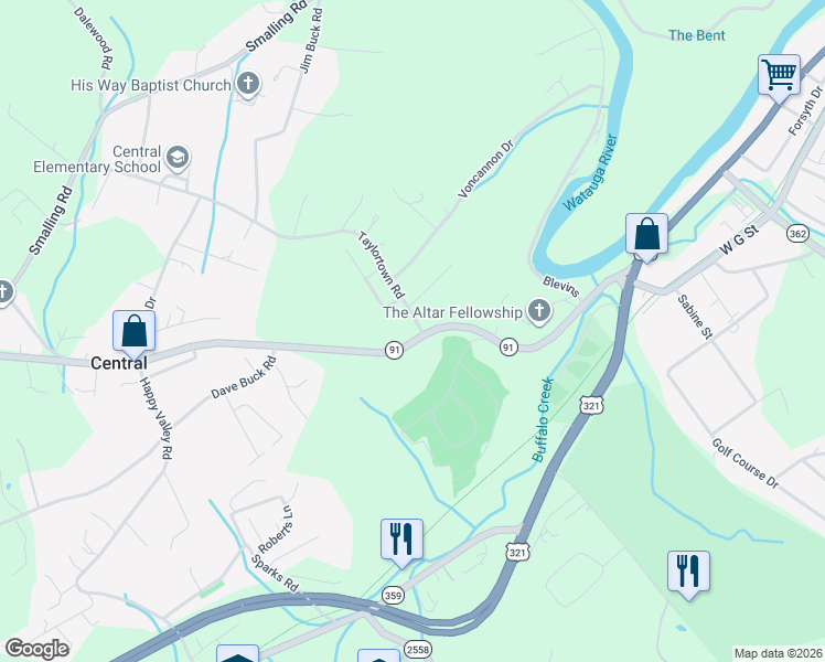 map of restaurants, bars, coffee shops, grocery stores, and more near 101 Taylortown Road in Johnson City
