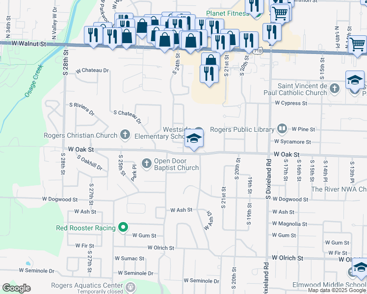 map of restaurants, bars, coffee shops, grocery stores, and more near 874 South 23rd Street in Rogers