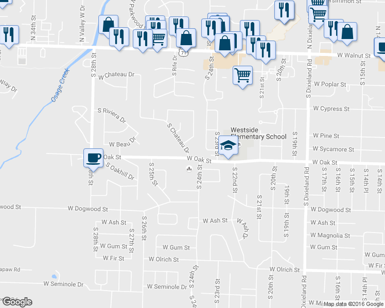 map of restaurants, bars, coffee shops, grocery stores, and more near 851 South Chateau Drive in Rogers