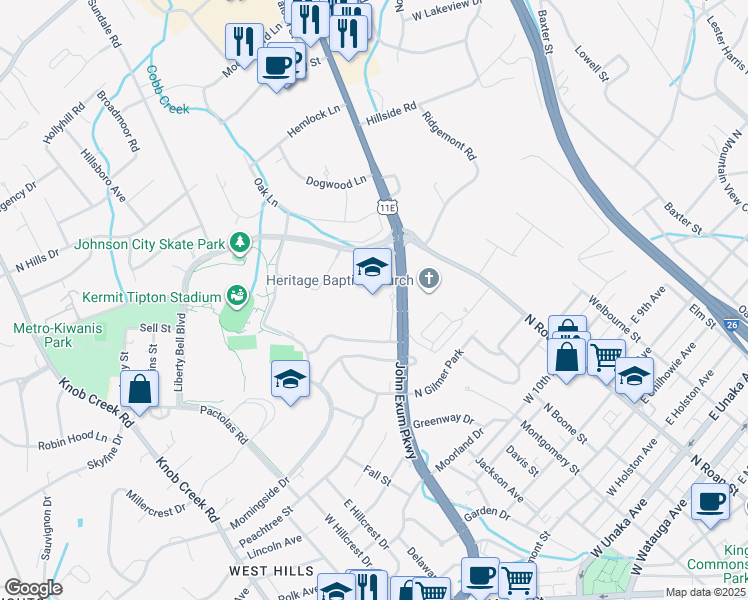 map of restaurants, bars, coffee shops, grocery stores, and more near 1509 John Exum Parkway in Johnson City