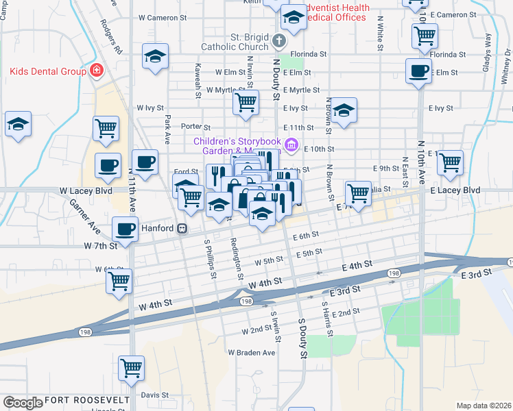 map of restaurants, bars, coffee shops, grocery stores, and more near 214 North Irwin Street in Hanford