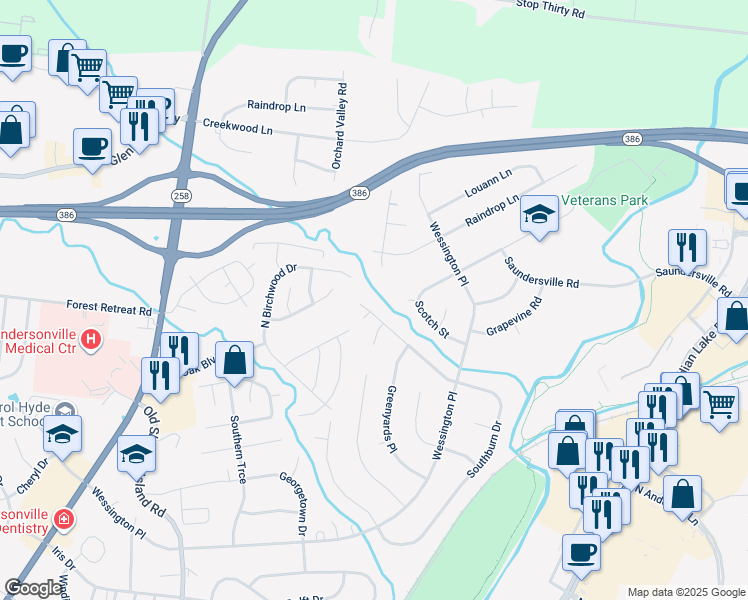 map of restaurants, bars, coffee shops, grocery stores, and more near 319 Southburn Drive in Hendersonville