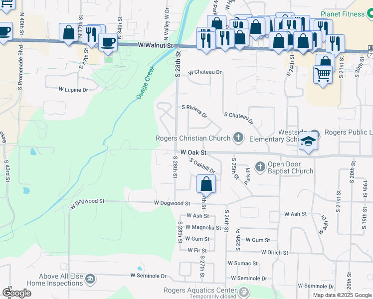 map of restaurants, bars, coffee shops, grocery stores, and more near 2613 West Oak Street in Rogers