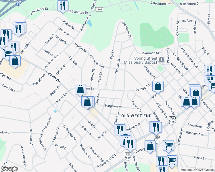 map of restaurants, bars, coffee shops, grocery stores, and more near 1218 Parham Street in Henderson