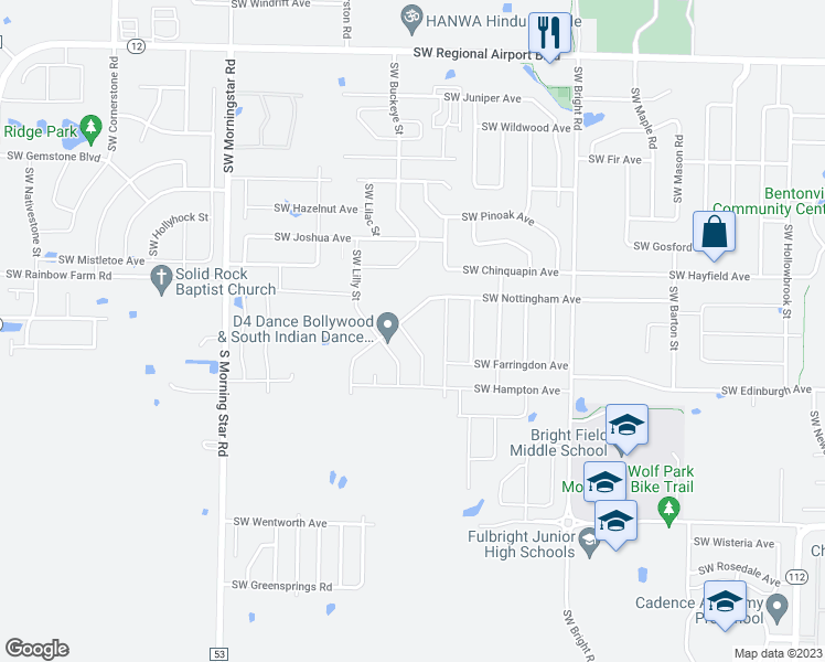 map of restaurants, bars, coffee shops, grocery stores, and more near 4611 SW Bedingfield Street in Bentonville
