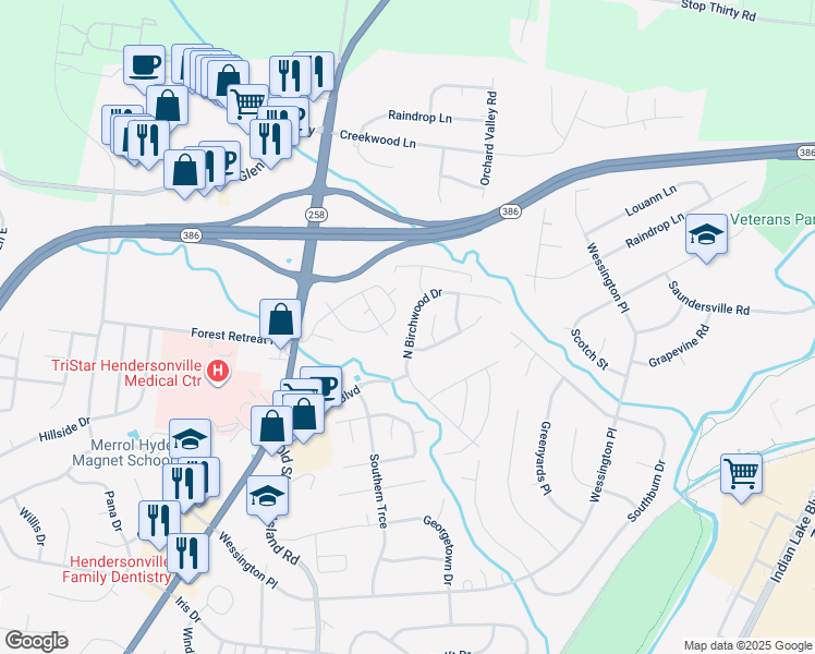 map of restaurants, bars, coffee shops, grocery stores, and more near 373 North Birchwood Drive in Hendersonville