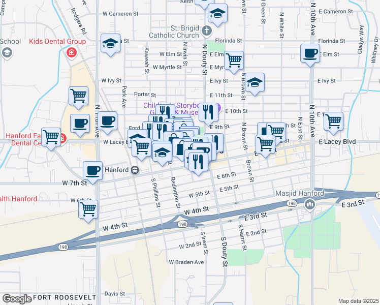 map of restaurants, bars, coffee shops, grocery stores, and more near 214 North Irwin Street in Hanford