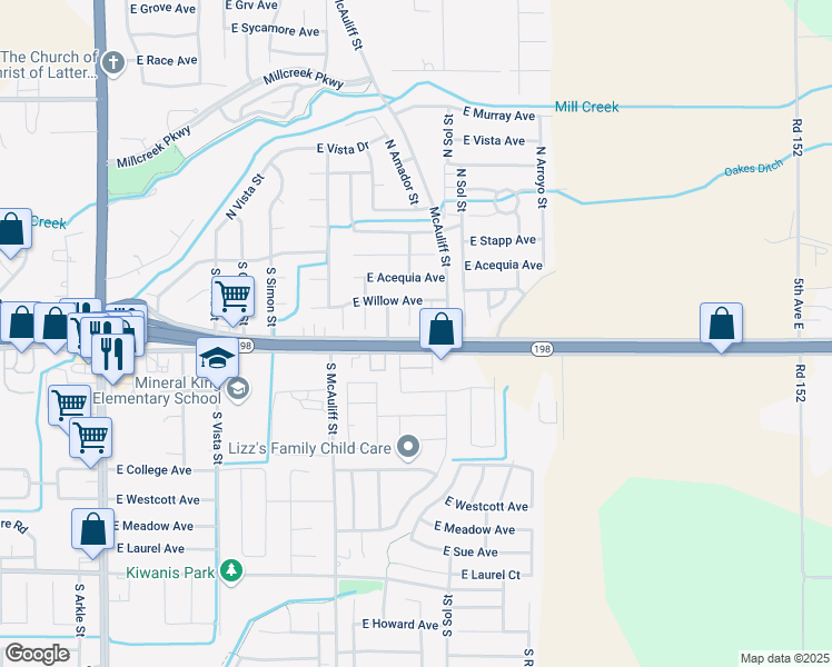 map of restaurants, bars, coffee shops, grocery stores, and more near 348 South Wind Court in Visalia