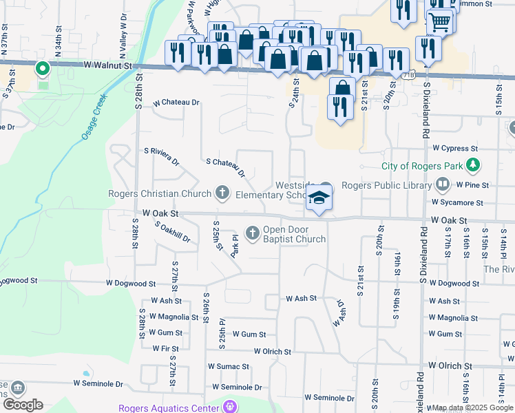 map of restaurants, bars, coffee shops, grocery stores, and more near 851 South Chateau Drive in Rogers