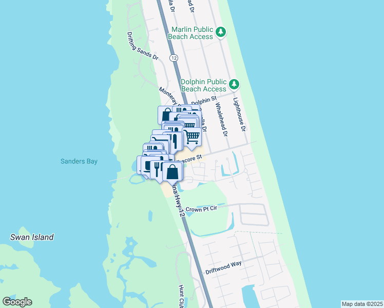 map of restaurants, bars, coffee shops, grocery stores, and more near 891 Albacore Street in Corolla