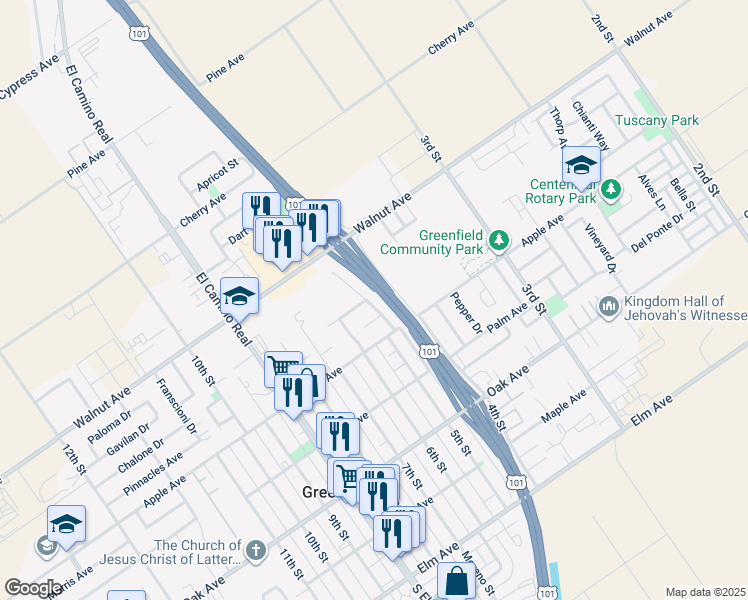 map of restaurants, bars, coffee shops, grocery stores, and more near 418 Calaveras Way in Greenfield