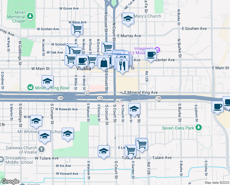 map of restaurants, bars, coffee shops, grocery stores, and more near 100 East Mineral King Avenue in Visalia