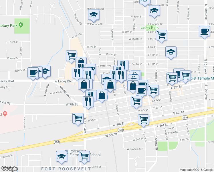 map of restaurants, bars, coffee shops, grocery stores, and more near 353 Santa Fe Avenue in Hanford