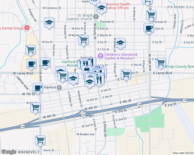 map of restaurants, bars, coffee shops, grocery stores, and more near 1595 Springcrest Street in Hanford