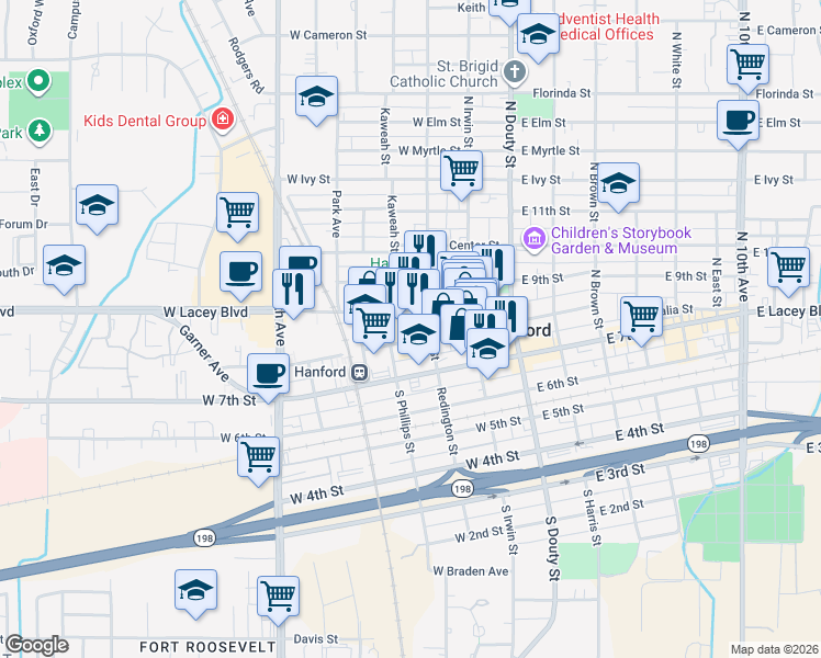 map of restaurants, bars, coffee shops, grocery stores, and more near 380 West 8th Street in Hanford