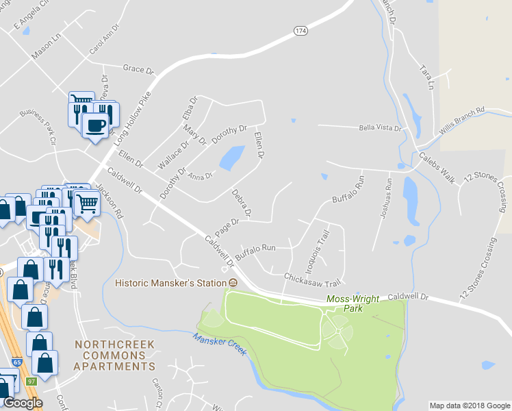 map of restaurants, bars, coffee shops, grocery stores, and more near 506 Debra Drive in Goodlettsville