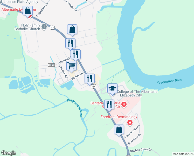 map of restaurants, bars, coffee shops, grocery stores, and more near 1240 North Road Street in Elizabeth City