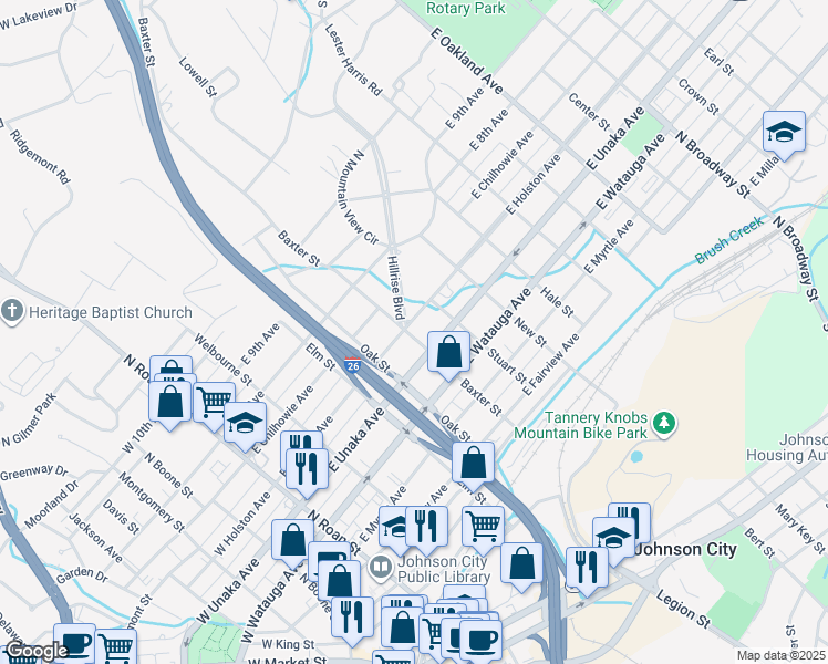 map of restaurants, bars, coffee shops, grocery stores, and more near 605 Baxter Street in Johnson City