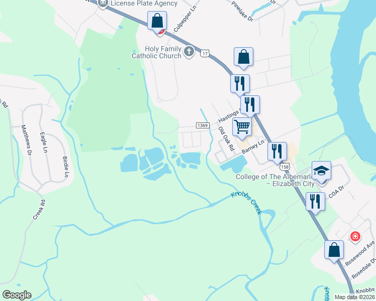 map of restaurants, bars, coffee shops, grocery stores, and more near 117 Bayberry Drive in Elizabeth City