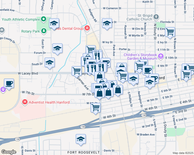 map of restaurants, bars, coffee shops, grocery stores, and more near 323-325 N 11th Ave in Hanford