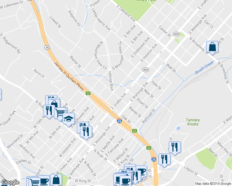 map of restaurants, bars, coffee shops, grocery stores, and more near 605 Baxter Street in Johnson City
