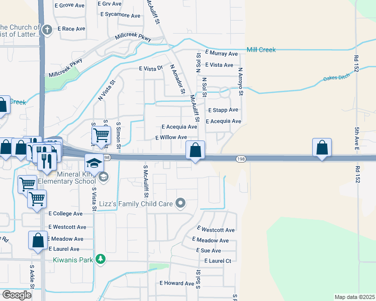 map of restaurants, bars, coffee shops, grocery stores, and more near 348 South Wind Court in Visalia