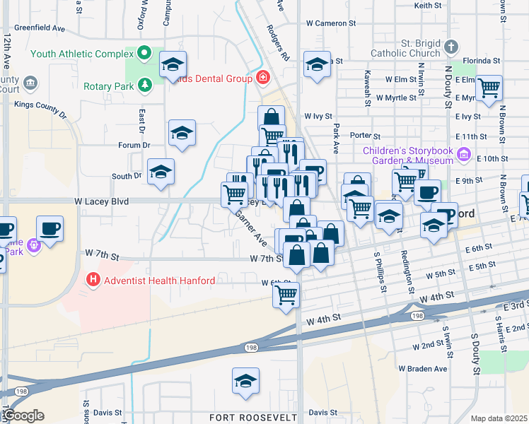 map of restaurants, bars, coffee shops, grocery stores, and more near 823 West Lacey Boulevard in Hanford