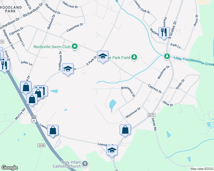 map of restaurants, bars, coffee shops, grocery stores, and more near 904 Briarwood Street in Reidsville