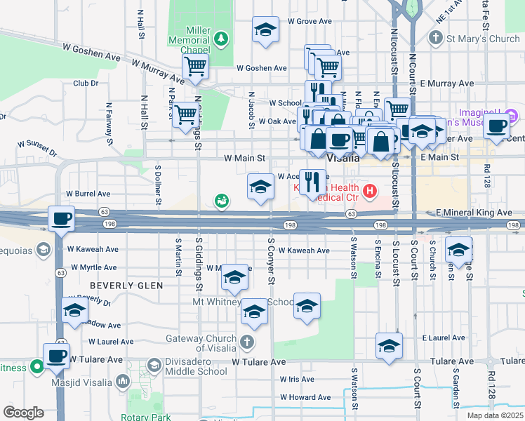 map of restaurants, bars, coffee shops, grocery stores, and more near 1001 West Main Street in Visalia