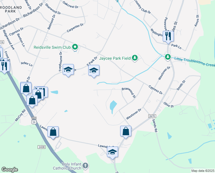 map of restaurants, bars, coffee shops, grocery stores, and more near 904 Briarwood Street in Reidsville