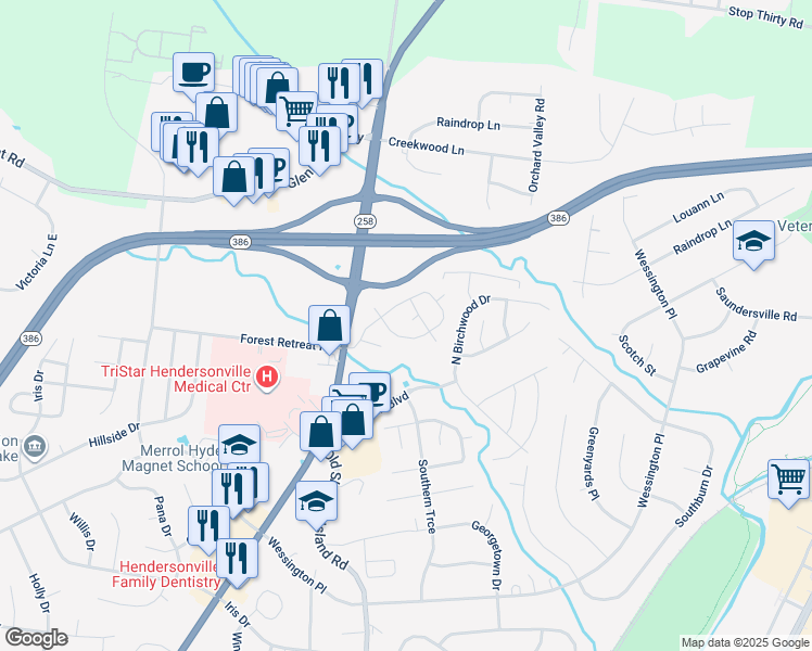 map of restaurants, bars, coffee shops, grocery stores, and more near 105 Meadow Crest Court in Hendersonville