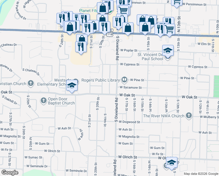 map of restaurants, bars, coffee shops, grocery stores, and more near 803 South 19th Street in Rogers