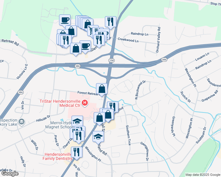 map of restaurants, bars, coffee shops, grocery stores, and more near 109 Sumner Meadows Lane in Hendersonville