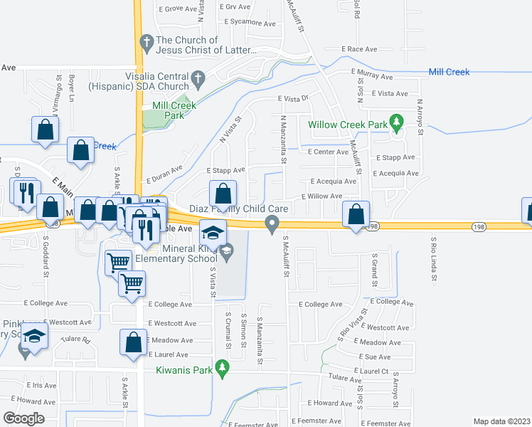 map of restaurants, bars, coffee shops, grocery stores, and more near 3604 East Mineral King Avenue in Visalia