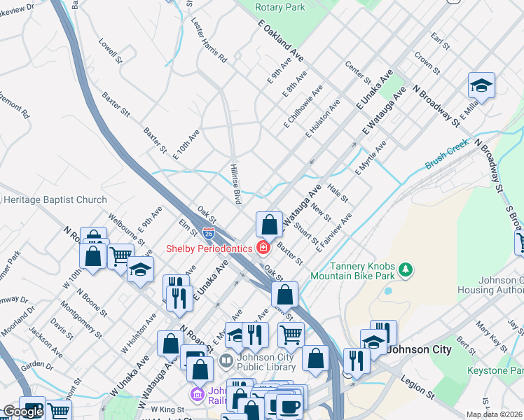 map of restaurants, bars, coffee shops, grocery stores, and more near 506 East Unaka Avenue in Johnson City