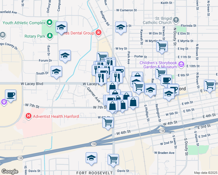 map of restaurants, bars, coffee shops, grocery stores, and more near 323 North 11th Avenue in Hanford