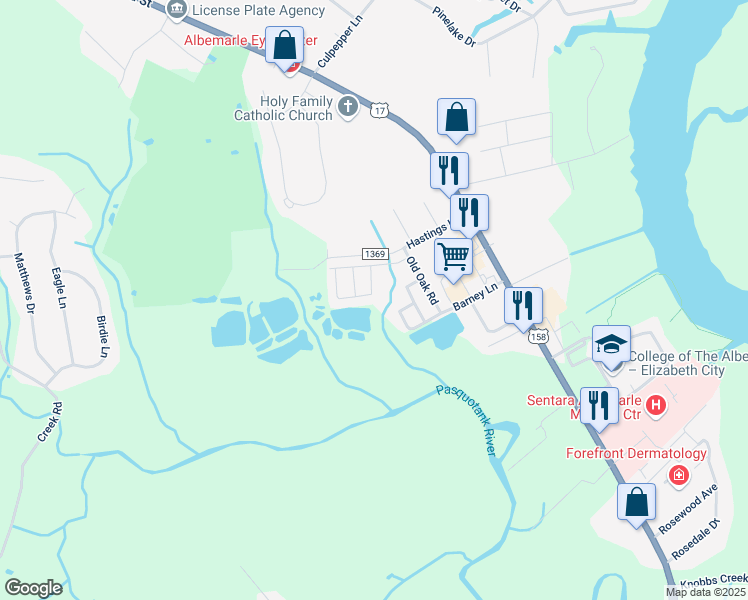 map of restaurants, bars, coffee shops, grocery stores, and more near 101 Bayberry Drive in Elizabeth City