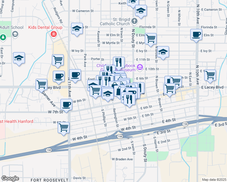 map of restaurants, bars, coffee shops, grocery stores, and more near 333 North Redington Street in Hanford