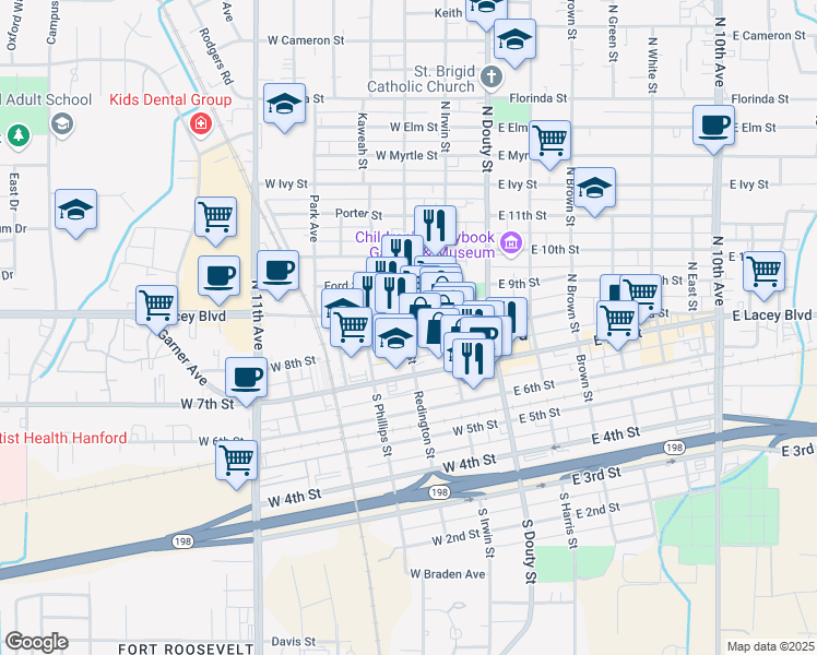 map of restaurants, bars, coffee shops, grocery stores, and more near 333 North Redington Street in Hanford