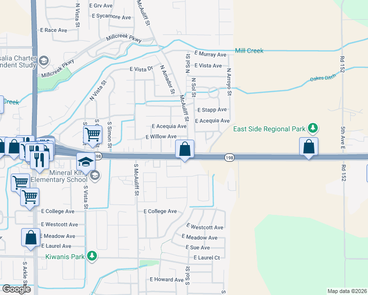 map of restaurants, bars, coffee shops, grocery stores, and more near 4125 East Noble Avenue in Visalia